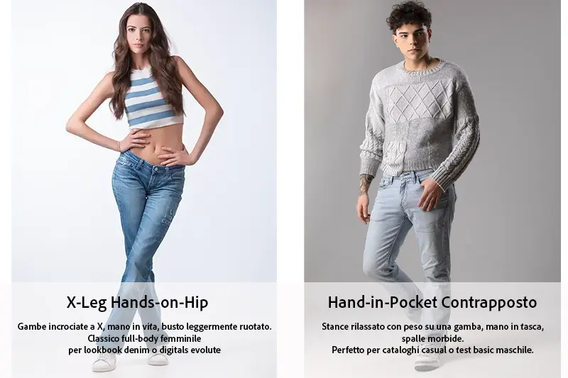 Coaching posing Milano: pose catalogo casual lookbook con esempi di posa e direzione