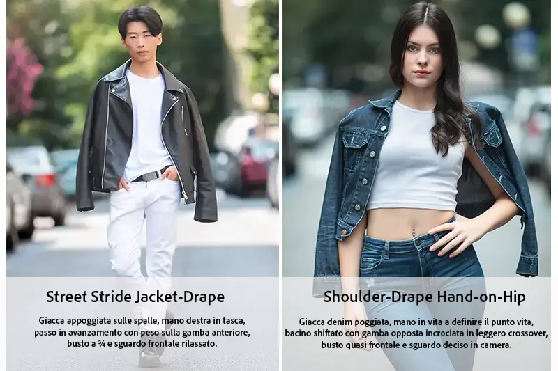 Coaching posing Milano: pose lifestyle street fashion con variazioni dinamiche