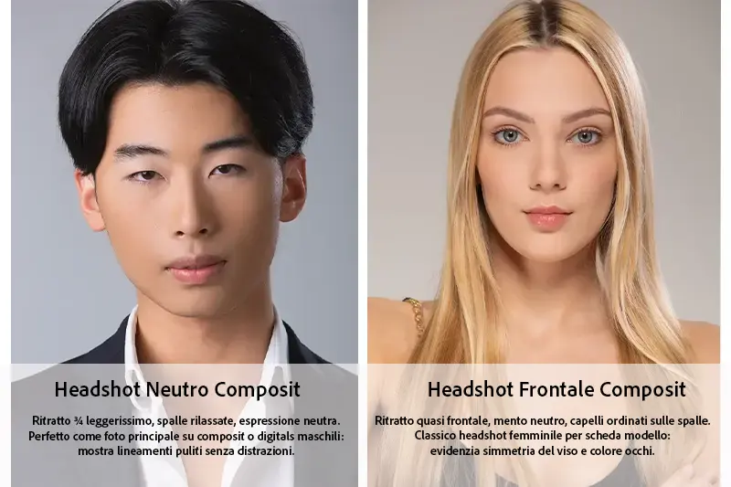 Coaching posing Milano: headshot neutro per casting con esempi di pose maschili e femminili