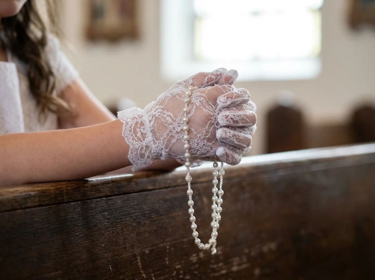 Fotografo prima comunione Milano: dettaglio mani della bambina durante la cerimonia